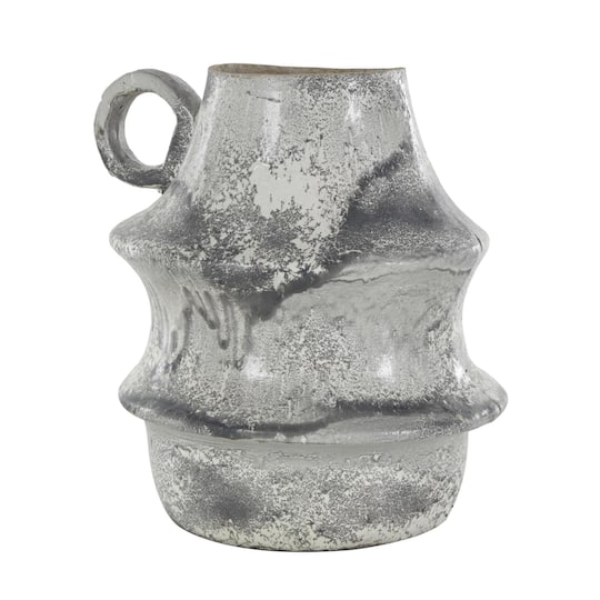 15" Light Gray Textured Paper Mache Fluted Vase with Ring Handle